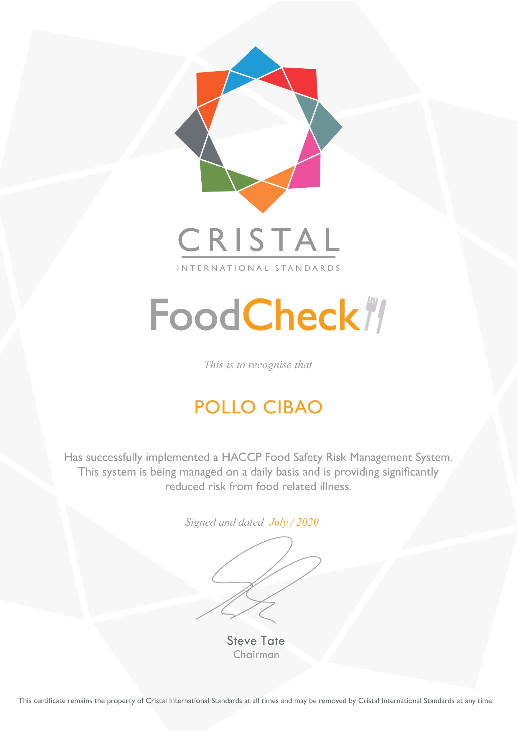 Certificacion Food Check Crystal